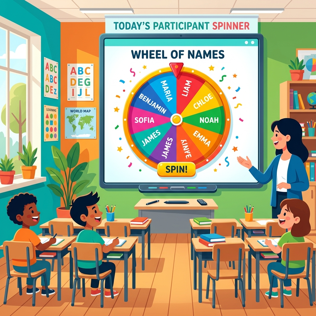 A colorful name spinner wheel displayed on a classroom smartboard