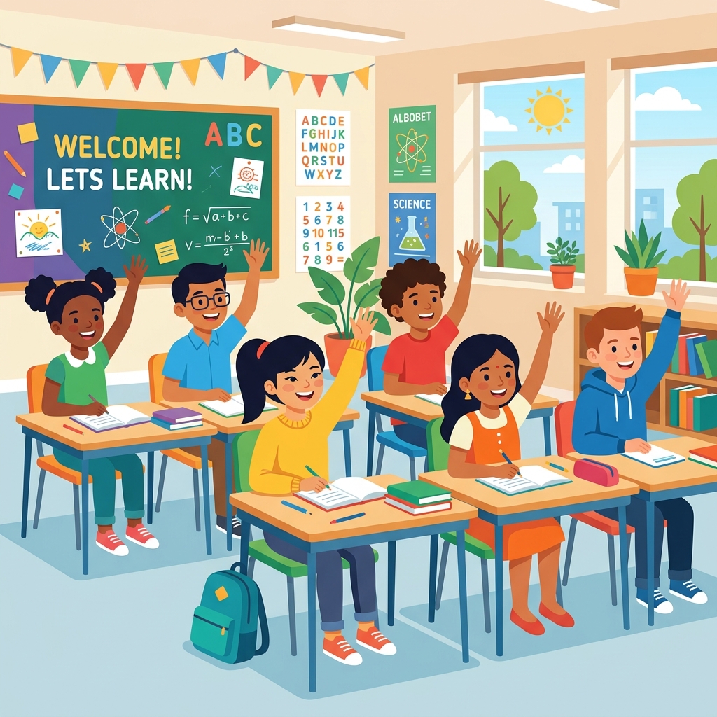 Diverse students raising their hands to participate in a vibrant classroom