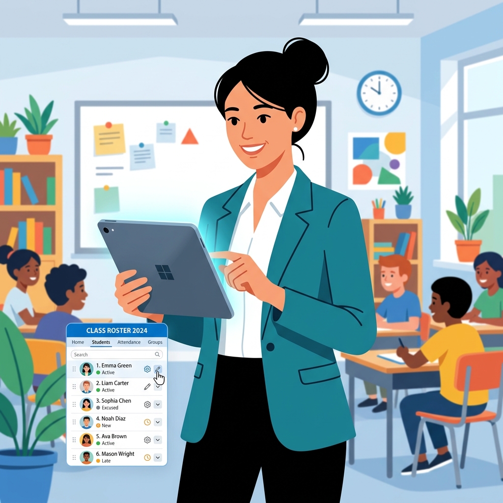 A teacher holding a tablet showing list customization controls